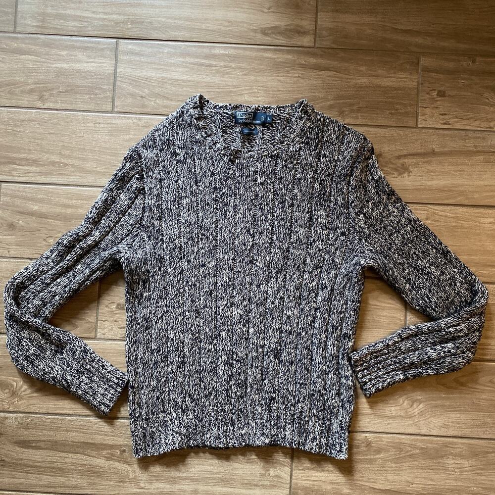 VGT Polo Ralph Lauren Sweater Mens Large Black White Marled Cotton Crewneck Knit